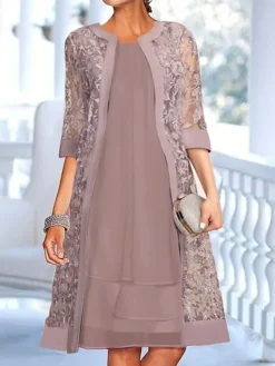 Women's Two Piece Dress Set Party Dress Lace Dress Party Wedding Guest Fashion Elegant Lace Patchwork Midi Dress Crew Neck 3/4 Length Sleeve Plain Regular Fit Light Purple Fall Winter S M L XL XXL