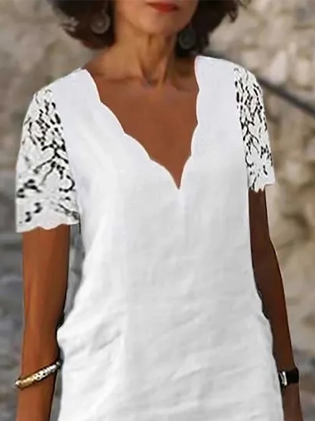 Women's Casual Dress Cotton Linen Dress Shift Dress Midi Dress Cotton Blend Modern Casual Outdoor Daily Vacation V Neck Lace Eyelet Short Sleeve Summer Spring 2023 Regular Fit White Plain S M L XL 2XL 2 Women's Casual Dress Cotton Linen Dress Shift Dress Midi Dress Cotton Blend Modern Casual Outdoor Daily Vacation V Neck Lace Eyelet Short Sleeve Summer Spring 2023 Regular Fit White Plain S M L XL 2XL - Image 2