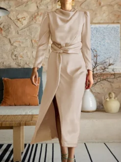 Women's Work Dress Satin Dress Semi Formal Dress Fashion Long Dress Maxi Dress Split Stand Collar Long Sleeve Plain Regular Fit Black Blue Sky Blue Fall Winter S M L XL