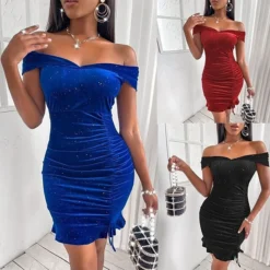 Women's Party Dress Velvet Dress Homecoming Dress Mini Dress Black Red Royal Blue Sleeveless Pure Color Ruched Spring Fall Winter Off Shoulder Fashion Winter Dress Wedding Guest Evening Party Slim