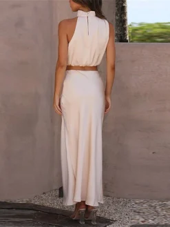 Women's Two Piece Dress Set Casual Dress Skirt Set Daily Holiday Fashion Sexy Ruched Long Dress Maxi Dress Stand Collar Sleeveless Plain Regular Fit Black White Light Green Summer Spring S M L XL -Party Prom Dresses Sales Store tijzvv1690857198219