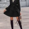 Women's Party Dress Wedding Guest Dress Black Dress Mini Dress Black Long Sleeve Pure Color Ruched Spring Fall Winter V Neck Fashion Winter Dress Evening Party Wedding Guest 2023 S M L XL