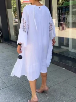 Women's Casual Dress Cotton Linen Dress Lace Dress Midi Dress Lace Basic Classic Outdoor Daily Vacation Crew Neck Lace Patchwork Long Sleeve Summer Spring Fall 2023 Loose Fit White Plain S M L XL 2XL -Party Prom Dresses Sales Store tiwmhu1689837131829