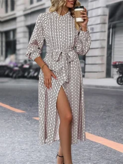 Women's Work Dress Casual Dress Swing Dress Fashion Office Daily Workfashion Midi Dress Lace Up Button Shirt Collar Long Sleeve Print Loose Fit Apricot Fall Winter S M L XL -Party Prom Dresses Sales Store tiyfzj1695096214066