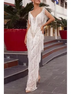 Women's Party Dress Fringe Dress Cocktail Dress Long Dress Maxi Dress White Sleeveless Pure Color Tassel Fringe Summer Spring Fall V Neck Fashion Party Evening Party Wedding Guest 2023 S M L XL