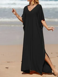 Women's White Dress A Line Dress Cover Up Long Dress Maxi Dress Cotton Basic Casual Outdoor Daily Vacation V Neck Split 3/4 Length Sleeve Summer Spring Fall 2022 Loose Fit Black White Yellow Plain -Party Prom Dresses Sales Store tjijxs1672828149147