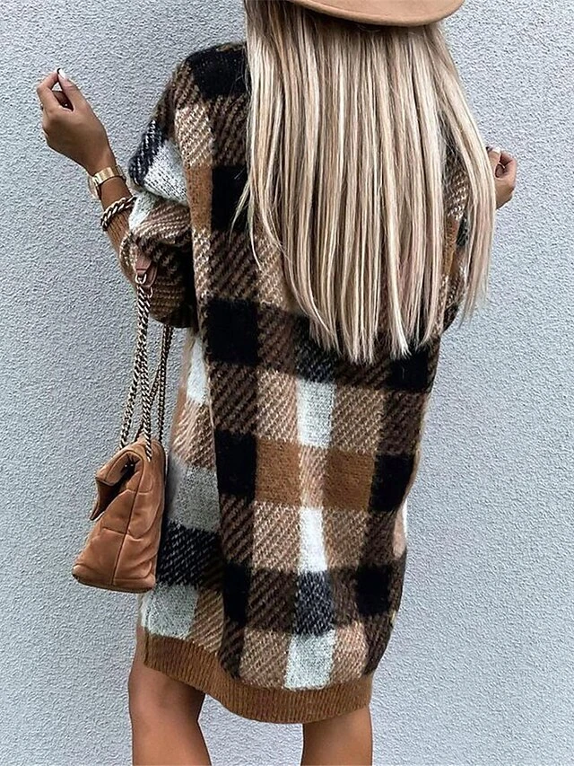 Women's Sweater Dress Winter Dress Jumper Dress Mini Dress Fashion Plaid Daily Date Going Out Weekend V Neck Long Sleeve Patchwork 2023 Regular Fit Khaki S M L XL 3 Women's Sweater Dress Winter Dress Jumper Dress Mini Dress Fashion Plaid Daily Date Going Out Weekend V Neck Long Sleeve Patchwork 2023 Regular Fit Khaki S M L XL - Image 3