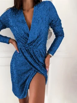 Women's Party Dress Sequin Dress Sheath Dress Mini Dress Silver Black Pink Long Sleeve Pure Color Sequins Fall Winter Autumn V Neck Fashion Party Winter Dress Birthday 2022 S M L XL XXL 3XL 4XL 5XL -Party Prom Dresses Sales Store tjylui1634099225950