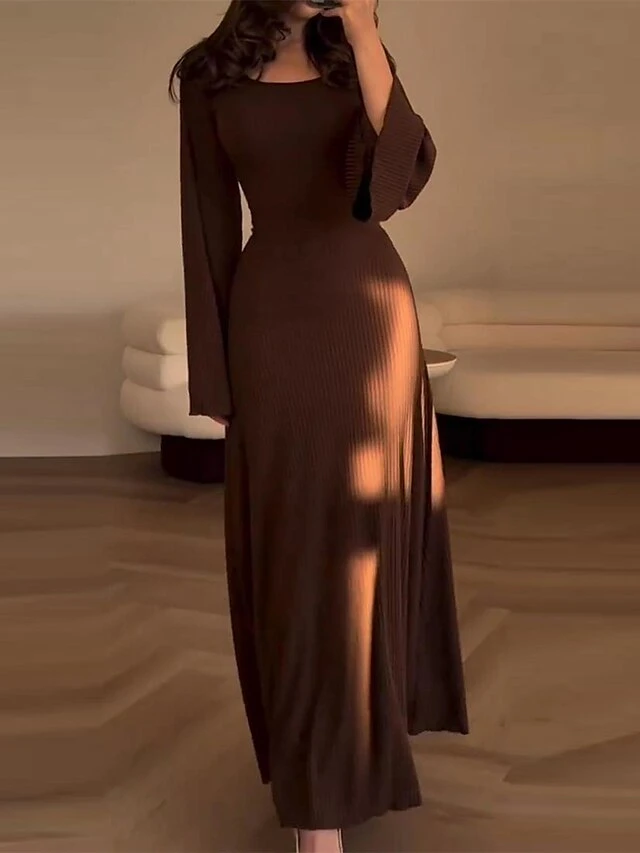 Women's Work Dress Casual Dress A Line Dress Fashion Winter Dress Daily Flared Sleeve Long Dress Maxi Dress Patchwork Crew Neck Long Sleeve Plain Regular Fit Black Pink Purple Fall Winter S M L XL 4 Women's Work Dress Casual Dress A Line Dress Fashion Winter Dress Daily Flared Sleeve Long Dress Maxi Dress Patchwork Crew Neck Long Sleeve Plain Regular Fit Black Pink Purple Fall Winter S M L XL - Image 4