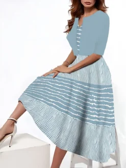 Women's Two Piece Dress Set Casual Dress Tank Dress Outdoor Daily Fashion Streetwear Pocket Print Midi Dress V Neck 3/4 Length Sleeve Stripe Regular Fit Pink Blue Purple Summer Spring S M L XL XXL -Party Prom Dresses Sales Store tkmeja1690542706682