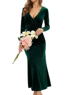 Women‘s Party Dress Wedding Guest Dress Sheath Dress Trumpet / Mermaid Dress Long Dress Maxi Dress Black Wine Purple Long Sleeve Pure Color Ruched Fall Autumn V Neck Elegant Winter Dress Evening Party -Party Prom Dresses Sales Store tkpuxo1662695190796