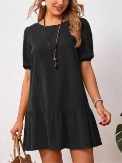 Women's Casual Dress Cotton Linen Dress A Line Dress Mini Dress Cotton Blend Basic Casual Outdoor Daily Crew Neck Ruched Short Sleeve Summer Spring 2023 Loose Fit Black Yellow Sky Blue Plain S M L XL -Party Prom Dresses Sales Store tkwrxd1675927947942