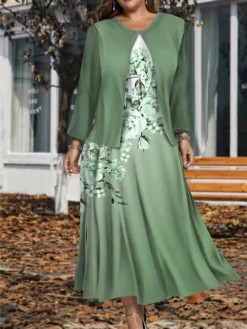 Women's Plus Size Two Piece Dress Set Casual Dress Swing Dress Outdoor Office Fashion Streetwear Print Midi Dress Crew Neck Long Sleeve Floral Ombre Regular Fit Blue Purple Green Fall Winter L XL XXL -Party Prom Dresses Sales Store tljcyk1697784945854