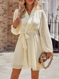 Women's Work Dress Casual Dress Sheath Dress Fashion Office Daily Workfashion Mini Dress Lace Up Ruched V Neck Long Sleeve Plain Loose Fit Black Wine Apricot Fall Winter S M L XL -Party Prom Dresses Sales Store tlszni1695363028127