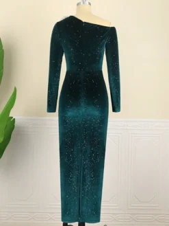 Women‘s Cocktail Party Dress Wedding Guest Dress Velvet Dress Feather Dress Maxi Long Dress Dark Green Long Sleeve Pure Color Fall Spring One Shoulder Elegant Winter Dress 2023 S M L XL XXL XXXL -Party Prom Dresses Sales Store tmkmhx1668501864831