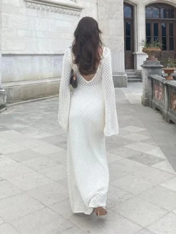 Women's Sweater Dress Winter Dress Jumper Dress Midi Dress Hollow Out Ribbed Outdoor Daily Date Active Fashion V Neck Long Sleeve 2023 Regular Fit White Green Color S M L Size -Party Prom Dresses Sales Store tnasdg1692695941146