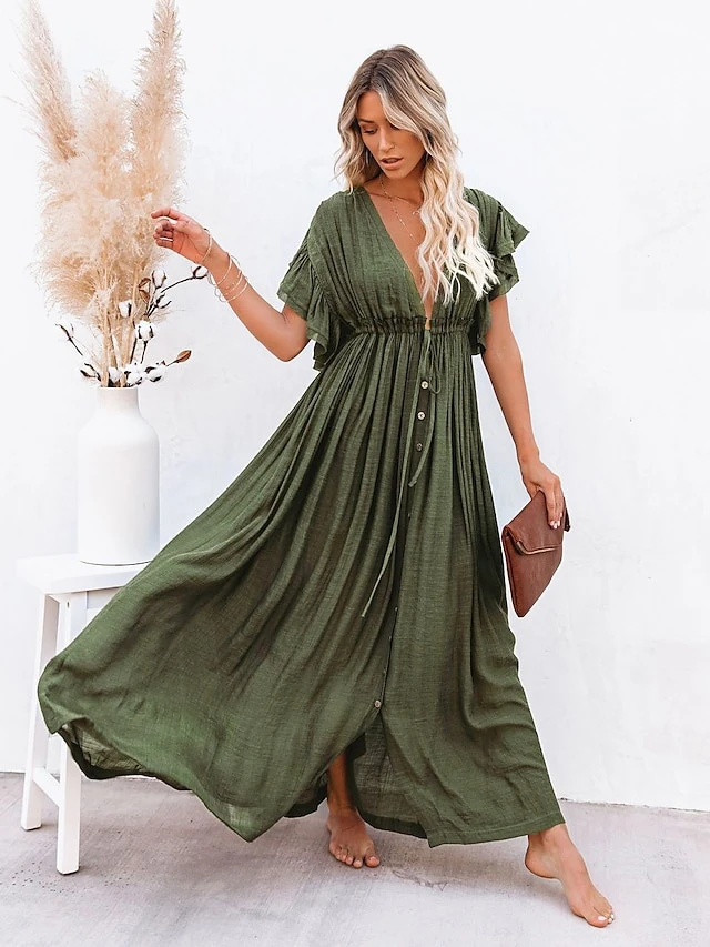 Women's Swing Dress Maxi Long Dress Green Orange Rust Red White Black Backless Short Sleeve Solid Color Summer Spring V Neck Boho Beach Loose 2023 One-Size 7 Women's Swing Dress Maxi Long Dress Green Orange Rust Red White Black Backless Short Sleeve Solid Color Summer Spring V Neck Boho Beach Loose 2023 One-Size - Image 7