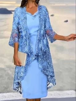 Women's Two Piece Dress Set Casual Dress Lace Dress Outdoor Date Fashion Elegant Lace Trim Midi Dress V Neck 3/4 Length Sleeve Plain Loose Fit Blue Fall Winter S M L XL XXL