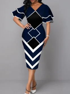 Women's Work Dress Sheath Dress Semi Formal Dress Fashion Office Daily Midi Dress Print V Neck Half Sleeve Geometric Regular Fit Yellow Wine Royal Blue Fall Winter S M L XL XXL -Party Prom Dresses Sales Store tnjluq1696732976515