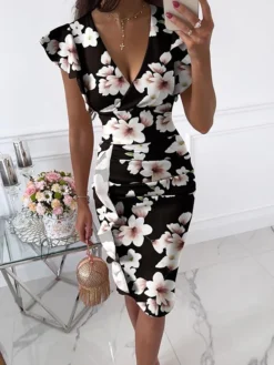 Women's Sheath Dress Midi Dress Safflower On White White Flowers On Black Tie Dye Short Sleeve Print Print Summer Spring V Neck Sexy 2023 S M L XL XXL XXXL -Party Prom Dresses Sales Store tnkihd1694504504486
