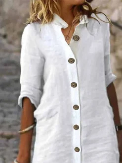 Women's Shirt Dress Casual Dress Cotton Linen Dress Midi Dress Cotton Blend Fashion Basic Outdoor Daily Shirt Collar Button Half Sleeve Summer Spring Fall 2023 Regular Fit Black White Green Plain S M -Party Prom Dresses Sales Store toaefd1681376448324