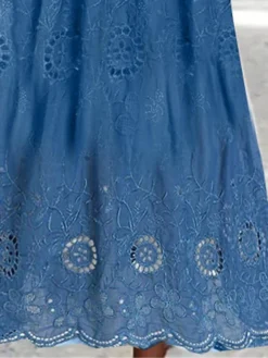 Women's Casual Dress Cotton Linen Dress Swing Dress Midi Dress Cotton Blend Fashion Modern Outdoor Daily V Neck Lace Button 3/4 Length Sleeve Summer Spring Fall 2023 Regular Fit Blue Plain S M L XL -Party Prom Dresses Sales Store tovjlu1678958548913