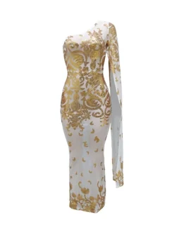 Women's Party Dress Sequin Dress Sheath Dress Long Dress Maxi Dress Black Gold Long Sleeve Floral Print Spring Fall Winter One Shoulder Fashion Party Winter Dress Evening Party Slim 2023 S M L XL XXL