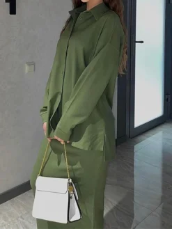 Women's Two Piece Dress Set Casual Dress Skirt Set Outdoor Daily Fashion Streetwear Button Pocket Long Dress Maxi Dress Shirt Collar Long Sleeve Plain Loose Fit Brown Green Beige Fall Winter S M L XL -Party Prom Dresses Sales Store tqvhgw1693534949022