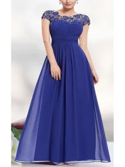 Women's Party Dress Chiffon Dress Long Dress Maxi Dress Black Wine Royal Blue Short Sleeve Pure Color Lace Summer Crew Neck Fashion 2023 S M L XL XXL -Party Prom Dresses Sales Store tqyxyf1664438869962