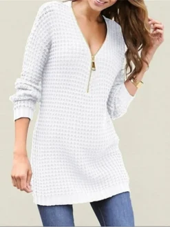 Women's Sweater Dress Jumper Dress Casual Dress Mini Dress Warm Pure Color Outdoor Casual Daily V Neck Long Sleeve Zipper 2023 Loose Fit Black White Red S M L XL XXL 3XL