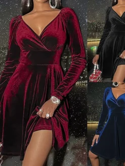 Women's Party Dress Velvet Dress Homecoming Dress Mini Dress Black Red Blue Long Sleeve Pure Color Ruched Spring Fall Winter V Neck Fashion Winter Dress Wedding Guest Evening Party 2023 S M L XL