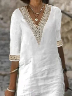 Women's Cotton Linen Dress Casual Dress Shift Dress Midi Dress Cotton And Linen Fashion Modern Outdoor Daily Vacation V Neck Patchwork Half Sleeve Summer Spring 2023 Regular Fit Gray Plain 3XL -Party Prom Dresses Sales Store tsyirc1677748000131