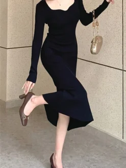 Women's Sweater Dress Jumper Dress Casual Dress Midi Dress Fashion Pure Color Outdoor Daily Vacation Going Out V Neck Long Sleeve Patchwork 2023 Regular Fit Black Pink Blue S M -Party Prom Dresses Sales Store ttcyvb1695268453081