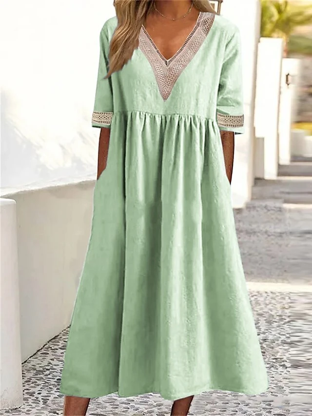 Women's Casual Dress Cotton Linen Dress Swing Dress Midi Dress Cotton Blend Fashion Basic Outdoor Daily Vacation V Neck Lace Ruched Half Sleeve Summer Spring Fall 2023 Loose Fit White Pink Blue Plain 5 Women's Casual Dress Cotton Linen Dress Swing Dress Midi Dress Cotton Blend Fashion Basic Outdoor Daily Vacation V Neck Lace Ruched Half Sleeve Summer Spring Fall 2023 Loose Fit White Pink Blue Plain - Image 5