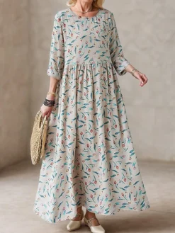Women's Casual Dress Linen Dress Swing Dress Maxi Long Dress Linen Fashion Modern Outdoor Daily Holiday Crew Neck Print Long Sleeve Fall Winter Autumn 2023 Loose Fit Apricot Flower L XL 2XL