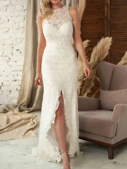 Women‘s Party Dress Wedding Guest Dress Lace Dress Sheath Dress Long Dress Maxi Dress White Sleeveless Pure Color Lace Spring Summer Crew Neck Fashion Party Spring Dress Slim 2023 S M L XL