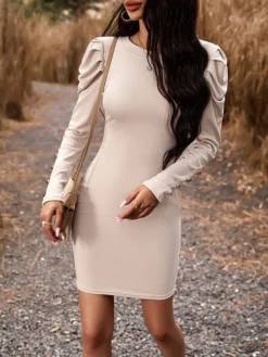 Women's Sweater Dress Winter Dress Jumper Dress Mini Dress Ruched Button Outdoor Street Daily Active Fashion Crew Neck Long Sleeve 2023 Slim Black Brown Green Color S M L XL Size