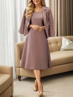 Women's Two Piece Dress Set Work Dress Skirt Set Formal Office Streetwear Elegant Button Pocket Midi Dress Shirt Collar Long Sleeve Plain Regular Fit Black Purple Beige Fall Winter M L XL XXL 3XL
