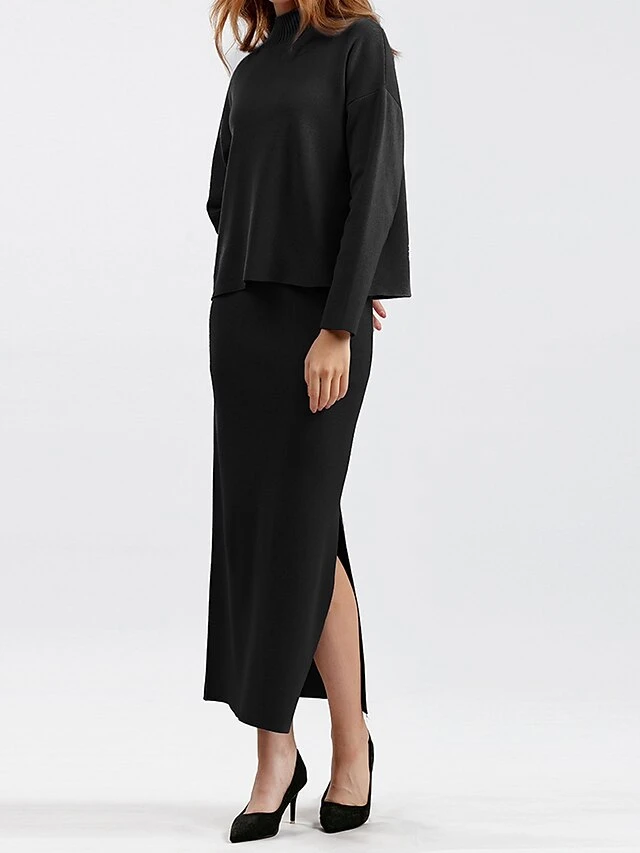 Women's Two Piece Dress Set Casual Dress Skirt Set Outdoor Daily Fashion Streetwear Split Ribbed Midi Dress Turtleneck Long Sleeve Plain Loose Fit Black Light Green Blue Fall One-Size 4 Women's Two Piece Dress Set Casual Dress Skirt Set Outdoor Daily Fashion Streetwear Split Ribbed Midi Dress Turtleneck Long Sleeve Plain Loose Fit Black Light Green Blue Fall One-Size - Image 4