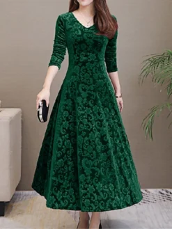 Women's Party Dress Velvet Dress Swing Dress Midi Dress Black Red Green Long Sleeve Floral Jacquard Spring Fall Winter V Neck Fashion Winter Dress Wedding Guest Vacation Slim 2023 M L XL XXL 3XL -Party Prom Dresses Sales Store tuzezh1630489605859
