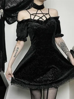 Women's Party Dress Velvet Dress Cocktail Dress Mini Dress Black Short Sleeve Pure Color Lace Spring Fall Winter Halter Neck Fashion Halloween Birthday Wedding Guest 2023 S M L -Party Prom Dresses Sales Store tvdxoe1693983151191