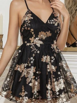 Women‘s Party Dress Sequin Dress Homecoming Dress Cocktail Dress Mini Dress Black Sleeveless Floral Sequins Sparkly Glitter Spring Fall Winter Spaghetti Strap Fashion Wedding Guest Birthday -Party Prom Dresses Sales Store tvnfnd1692770489712
