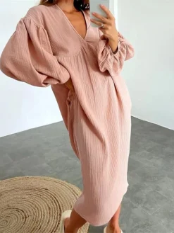 Women's Casual Dress Cotton Dress Loose Dress Midi Dress Linen / Cotton Blend Basic Classic Outdoor Daily Vacation V Neck Basic Long Sleeve Summer Spring Fall 2023 Loose Fit White Pink Blue Plain S M -Party Prom Dresses Sales Store tvtbne1690872873760