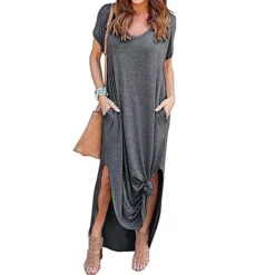 Women's T Shirt Dress Tee Dress Long Dress Maxi Dress Wine Red Green Black Short Sleeve Pure Color Pocket Spring Summer V Neck S M L XL 2XL 3XL 4XL 5XL -Party Prom Dresses Sales Store tvvyec1603968411981