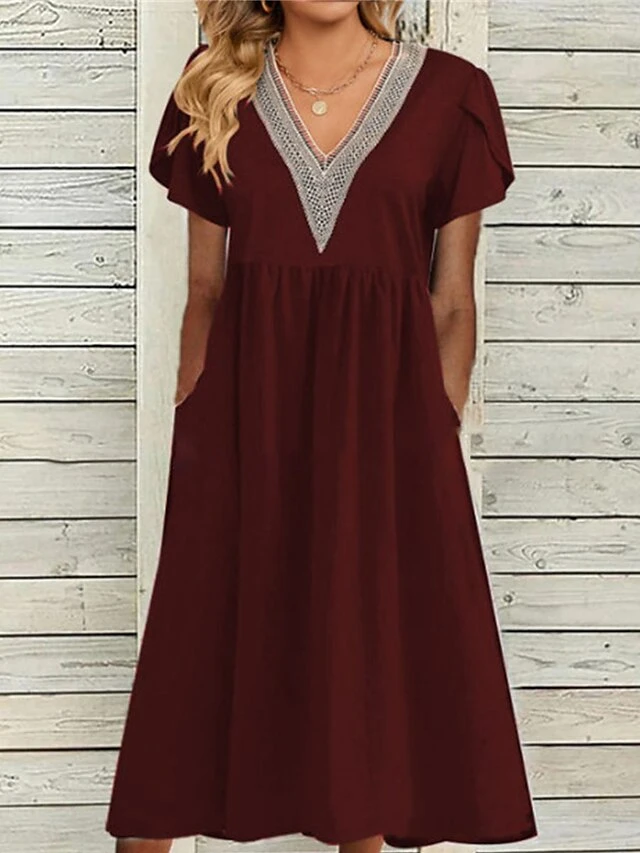 Women's Casual Dress Cotton Dress Swing Dress Midi Dress Cotton Blend Fashion Basic Outdoor Daily Vacation V Neck Ruched Patchwork Short Sleeve Summer Spring 2023 Loose Fit Black White Wine Color 4 Women's Casual Dress Cotton Dress Swing Dress Midi Dress Cotton Blend Fashion Basic Outdoor Daily Vacation V Neck Ruched Patchwork Short Sleeve Summer Spring 2023 Loose Fit Black White Wine Color - Image 4