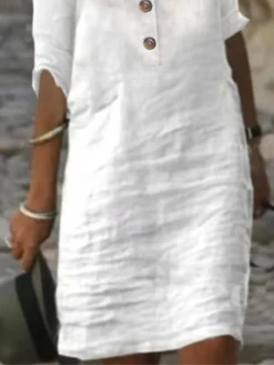 Women's Cotton Linen Dress Casual Dress Shift Dress Midi Dress Cotton Blend Fashion Modern Outdoor Daily Vacation Shirt Collar Button Half Sleeve Summer Spring 2023 Regular Fit White Blue Green Plain -Party Prom Dresses Sales Store twtgya1677747955917