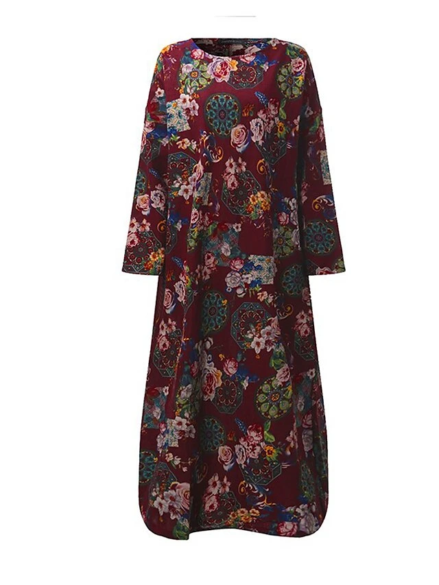 Women's Casual Dress Cotton Linen Dress Loose Dress Maxi Long Dress Linen / Cotton Blend Daily Stylish Outdoor Daily Vacation Crew Neck Print Long Sleeve Spring Fall Winter 2023 Loose Fit Wine Red 4 Women's Casual Dress Cotton Linen Dress Loose Dress Maxi Long Dress Linen / Cotton Blend Daily Stylish Outdoor Daily Vacation Crew Neck Print Long Sleeve Spring Fall Winter 2023 Loose Fit Wine Red - Image 4