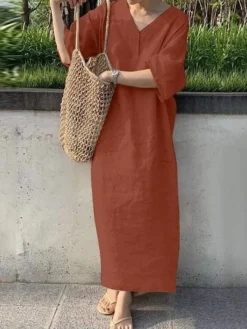 Women's Cotton Linen Dress Casual Dress Shift Dress Maxi Long Dress Cotton Blend Fashion Casual Outdoor Daily V Neck Button Short Sleeve Summer Spring 2023 Loose Fit Navy Blue Orange Green Pure Color