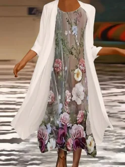 Women's Dress Set Two Piece Dress Chiffon Dress Midi Dress Beige 3/4 Length Sleeve Floral Chiffon Fall Winter Autumn Crew Neck Stylish Loose Fit 2023 M L XL XXL 3XL 4XL 5XL