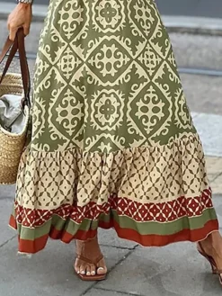 Women's Two Piece Dress Set Casual Dress Dress Set Outdoor Daily Fashion Ethnic Lace Up Ruffle Long Dress Maxi Dress Crew Neck Short Sleeve Floral Tribal Regular Fit Green Summer Spring S M L XL XXL -Party Prom Dresses Sales Store txgnxr1683003317892